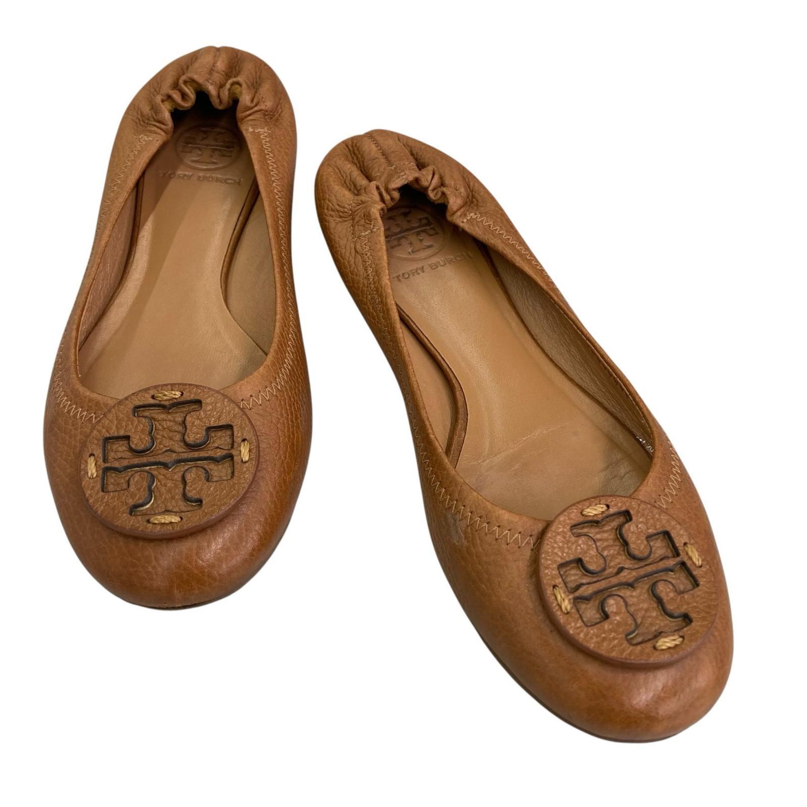 Used 186005 Tory Burch Ballet Shoes 24cm Brown Leather Ballet Reva Tumbled Logo Ballet Flats 24.0cm Equivalent Women s