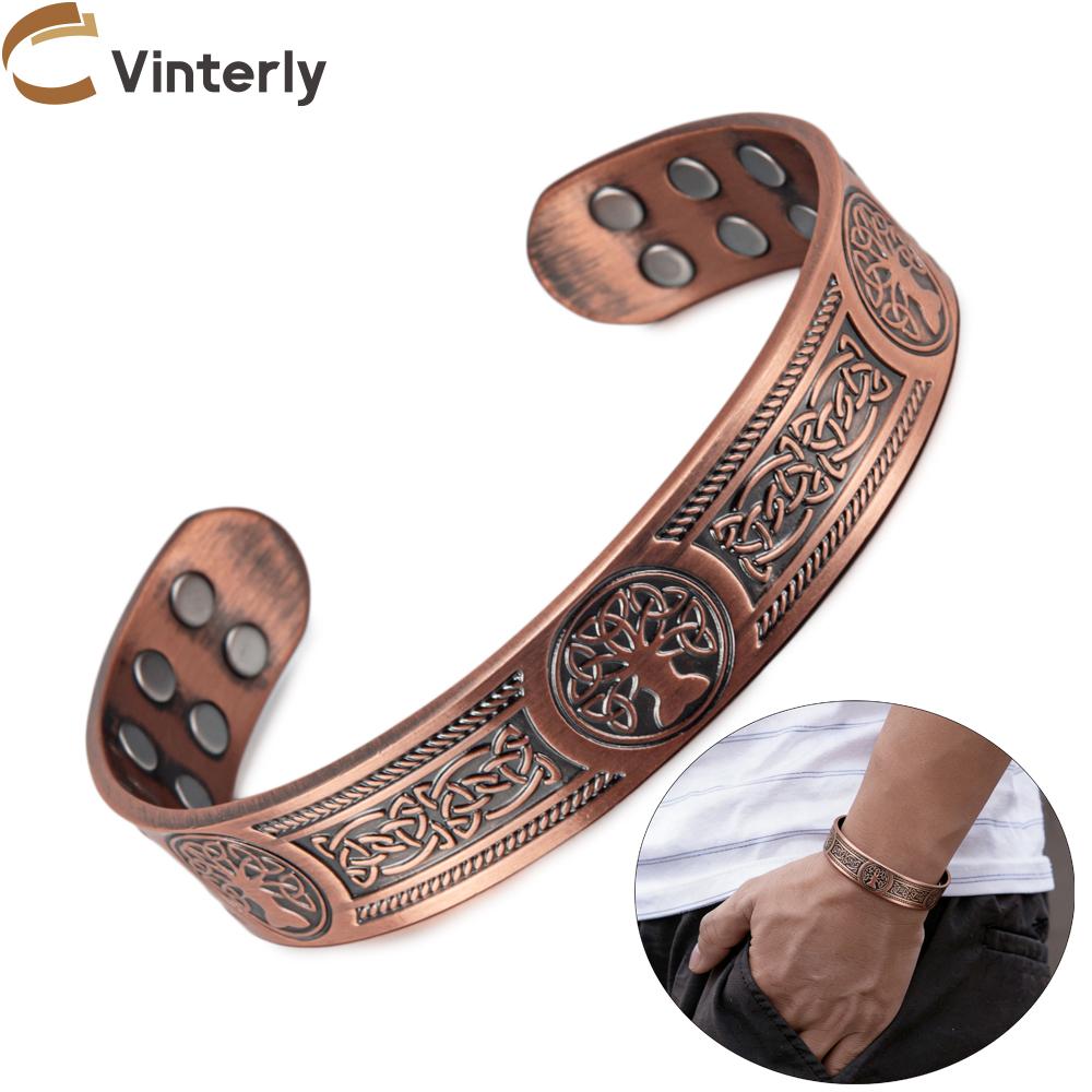 Vinterly Pure Copper Bracelets Vintage Viking Yggdrasil 15mm Adjustable Cuff Bangles Health Energy High Magnet Jewelry Resizable