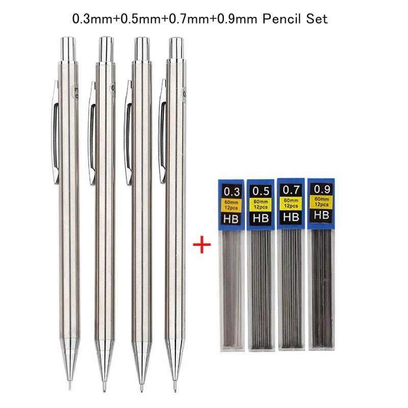 Helmetall mekanisk blyantsett 0,3 0,5 0,7 0,9 1,3 2,0 mm HB automatisk blyant med ledninger, for kunsttegning Skrive Sketchin