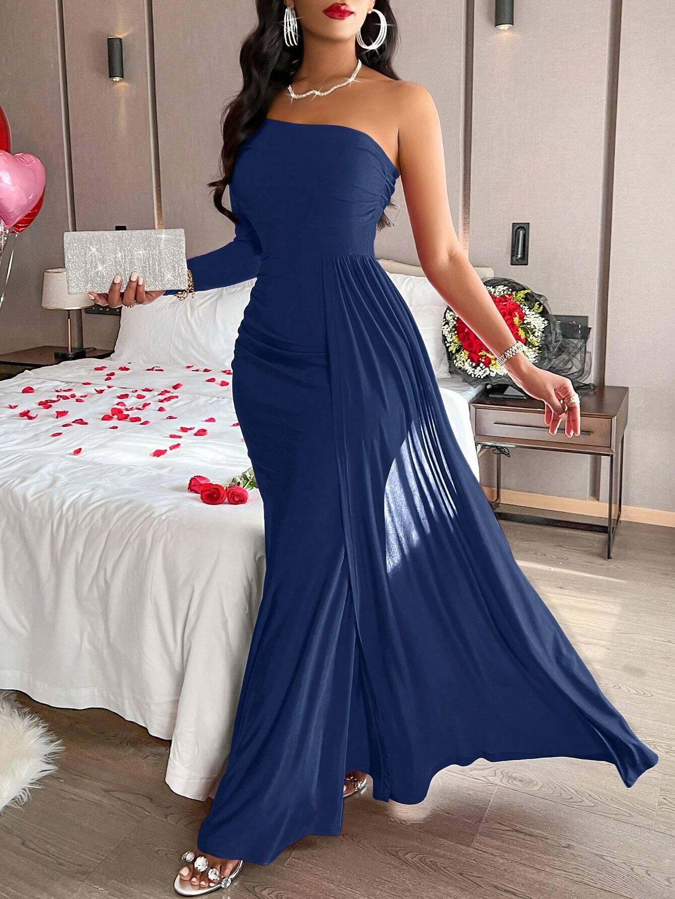 

European & American Women s 2025 One-Shoulder Evening Dress Medium королівський синій колір