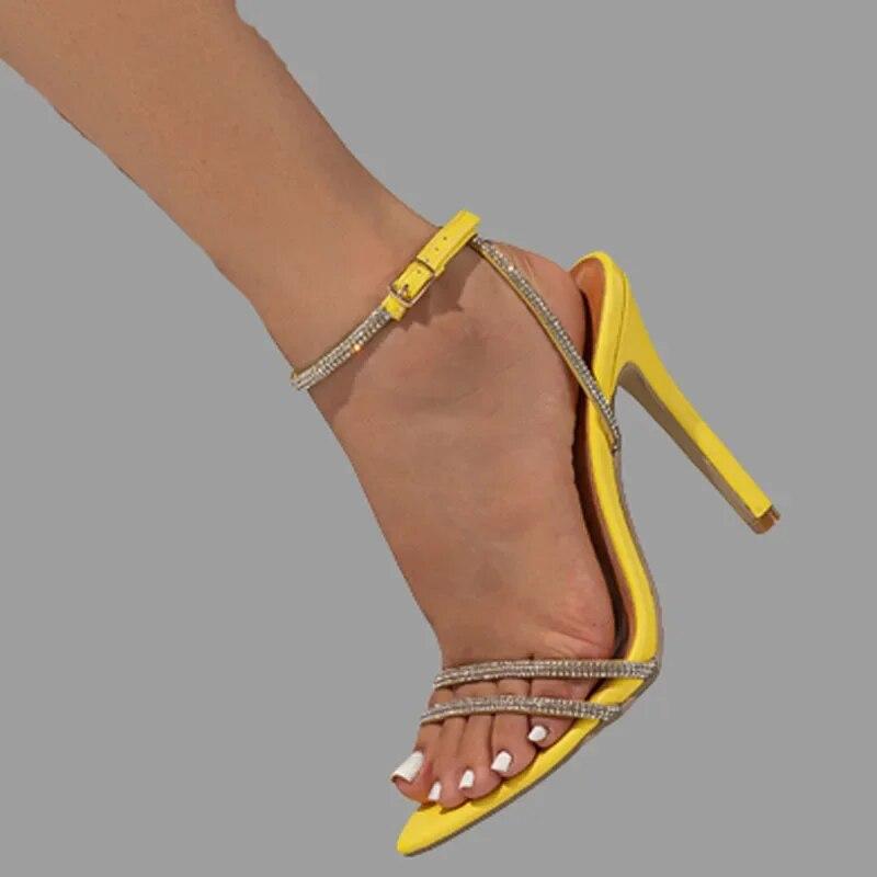 Women Yellow High Heels Shoes Fashion Rhinestones Pointed Toe Sandals Summer Ladies Ankle Buckle Straps Stilettos Pumps