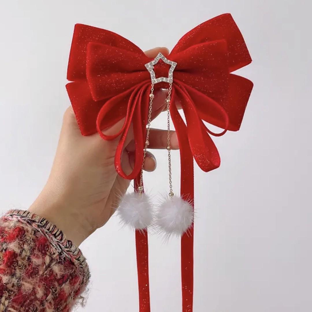 Festive Red Velvet Bow & Star Pom-Pom Tassel Hair Clip for Double Ponytails