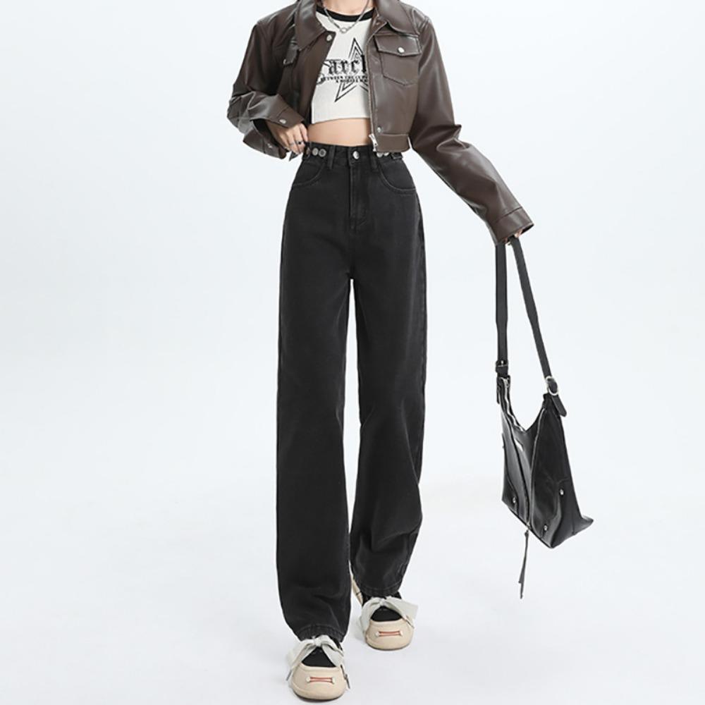 Spring and summer new American high-waisted straight jeans women's adjustment buckle loose and thin wide-leg jeans fashion