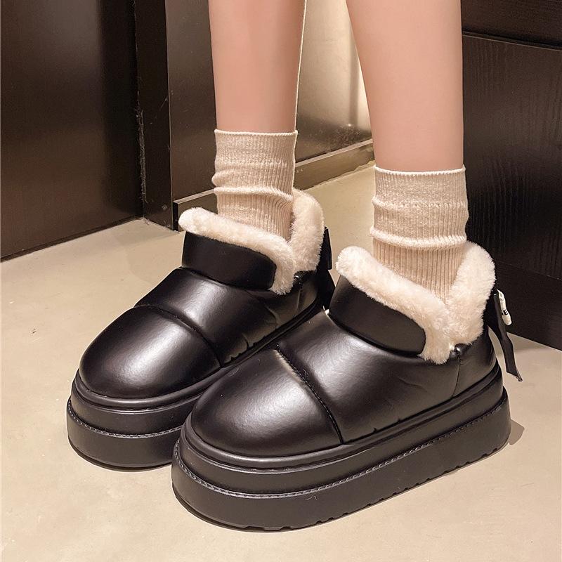 Women's Waterproof PU Leather Slippers: Thick Sole, Warm Velvet, Non-slip Bow Design for Outdoor Use