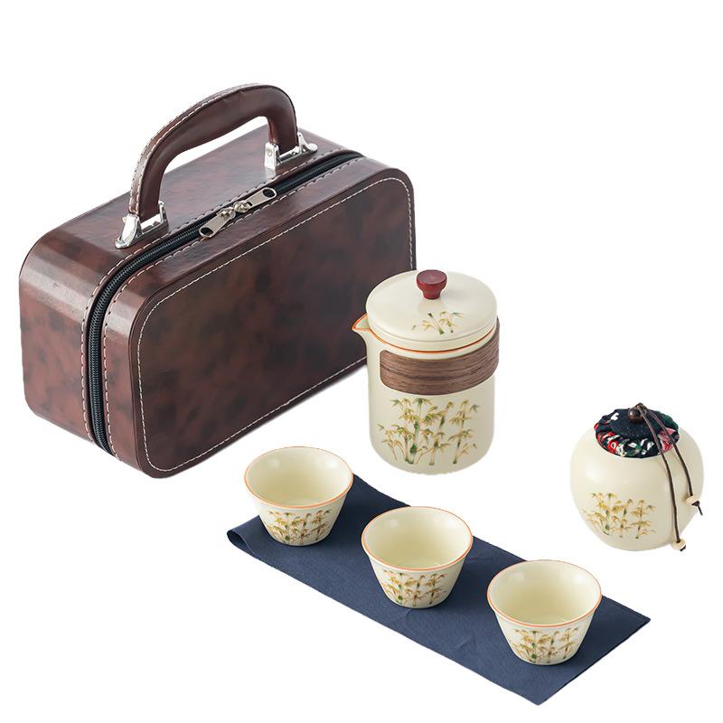 Ru kiln national style gold silk bamboo rhyme ancient rhyme express travel tea set ceramic set outdoor portable car express cup