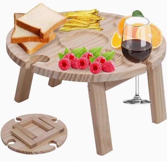 Camping Small Table Fruit Red Wine Camping Wooden Tray Dinner Plate Folding Round Wine Table Outdoor Fireplace Wooden Tray