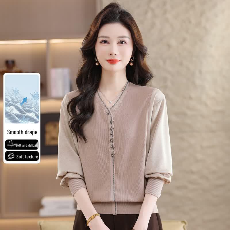 SNOWFLYING Women s V-Neck Sweater with Rhinestones & Lantern Sleeves M