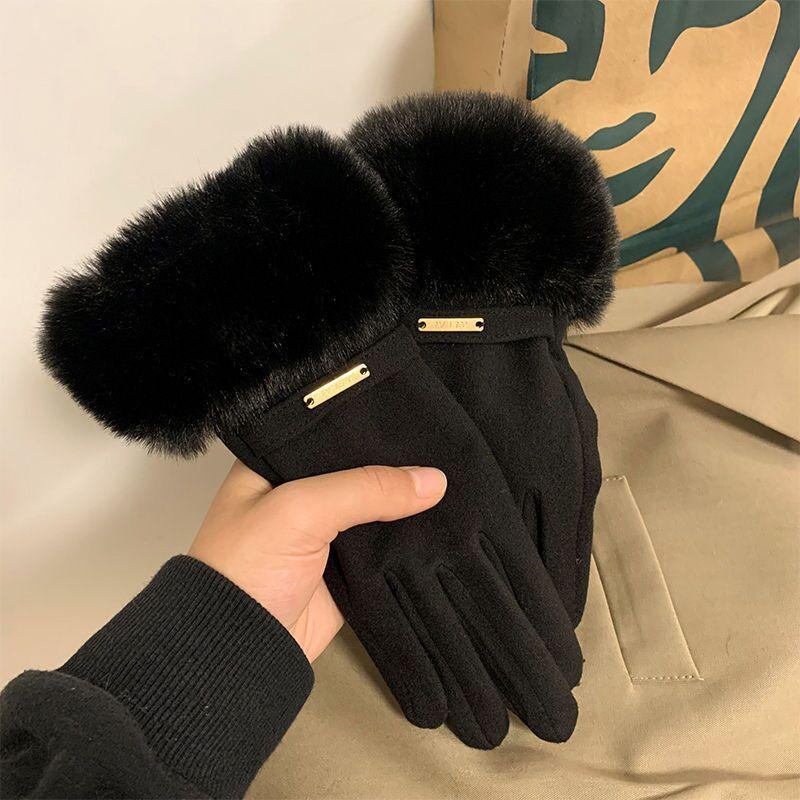

Winter Women Keep Warm Plus Velvet Touch Screen Thicken Plush Wrist Suede Gloves Fashion Personality Elegant Drive Cycling One Size