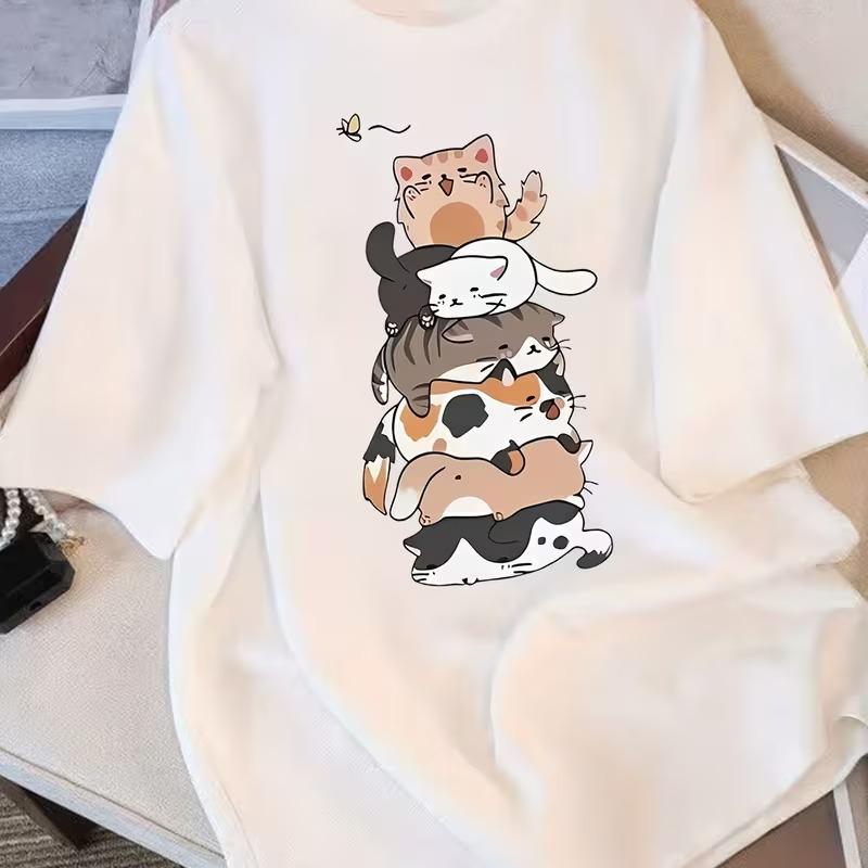 2026 Cartoon Cat Print Men Women Top Casual Shirt Easy To Wear Stylish Top for Everyday Wear Women Clothing Fashion Graphic T Shirts Short Sleeve Tee
