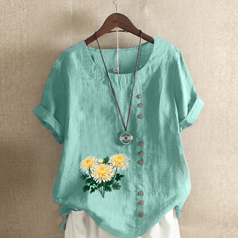 Women's Fashion Chrysanthemum  Prined Round Neck Short Sleeve T-shirt Casual Cotton Linen Graphic Shirt Leisure Loose Summer Blouse Tops