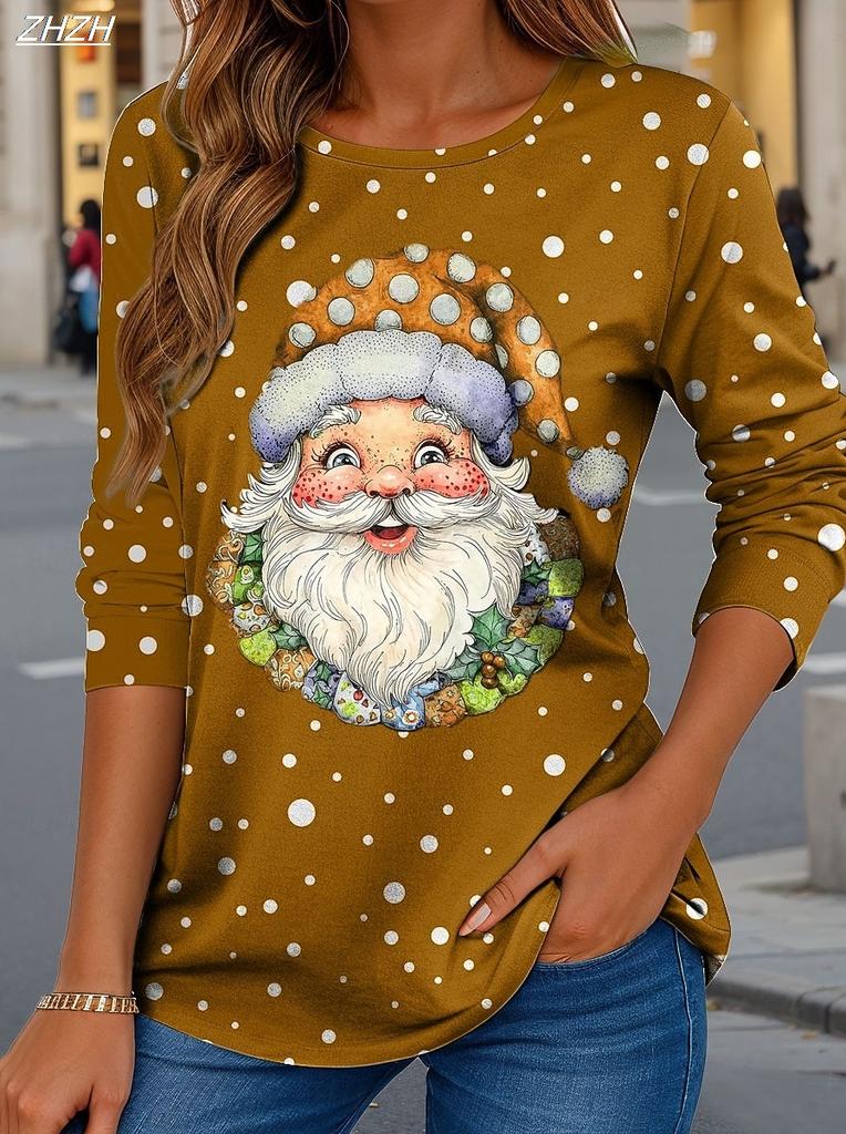 2025 Christmas Women's T Shirt Graphic Santa Claus Fashion Casual Long Sleeve T-shirt Crew Neck Regular Tops Print Spring Fall