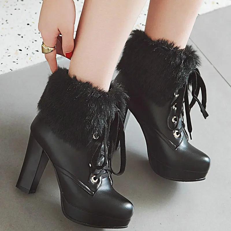 Fashion 2024 New High-heeled Boots Round Head Waterproof Platform High-heeled Mao Mao Women's Boots Sweet Front Lace-up Short Shoes