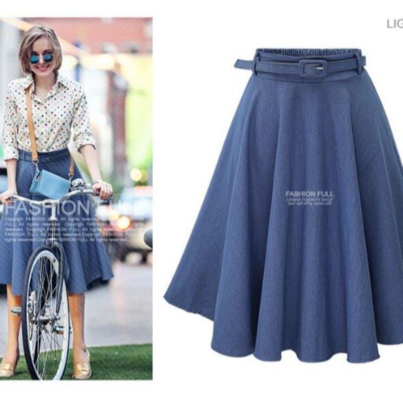 

European Station Mid Length Long Length Belt-Free Denim Skirt Light Blue One size