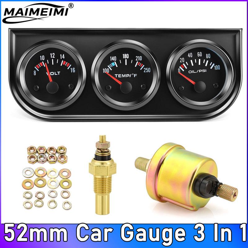 3 in 1 Car Meter Kit 52mm Water Temp Gauge Voltmeter Oil Press Black Bezel Triple Gauge Set trument For Car Marine Trucks