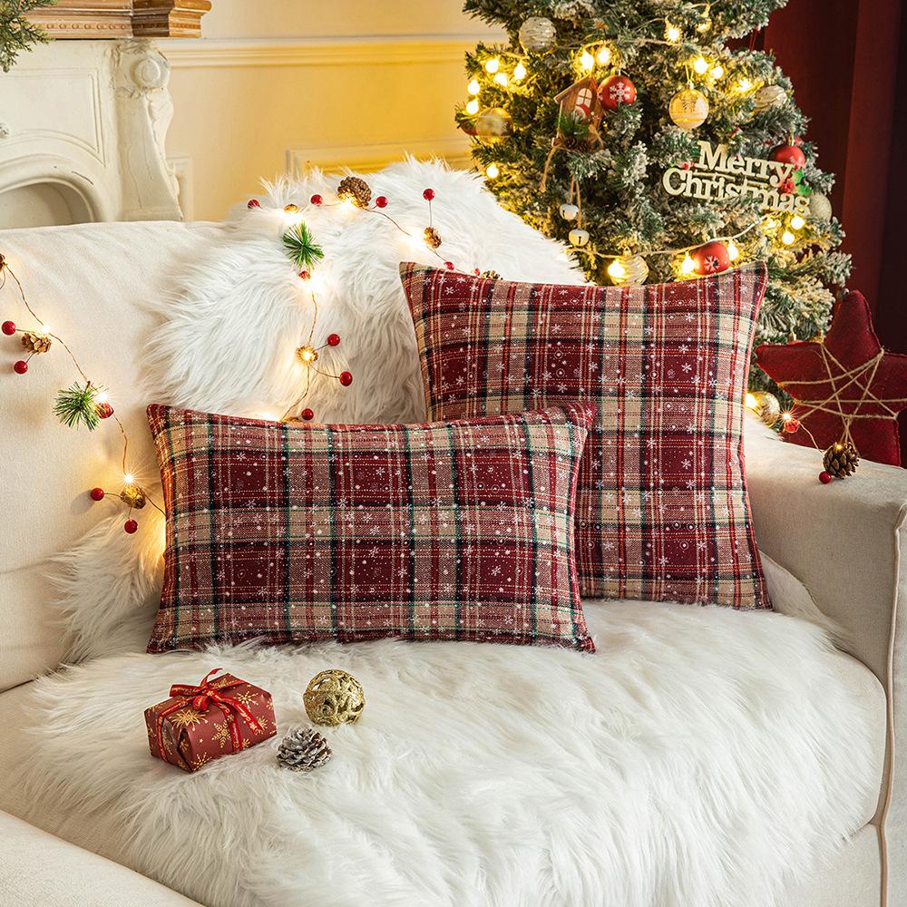 Living Room Sofa Christmas Red Plaid Polyester Cotton Pillow Cover Modern Ins Style Pillow Cushion Cover Premium