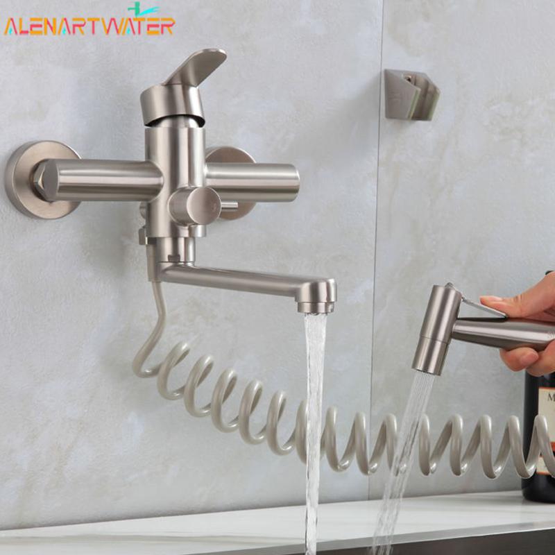 Alenartwater Kitchen Faucet Wall Mounted Rotable Sink Tap Dual Hole Single Handle Cold and Hot Water Mixer