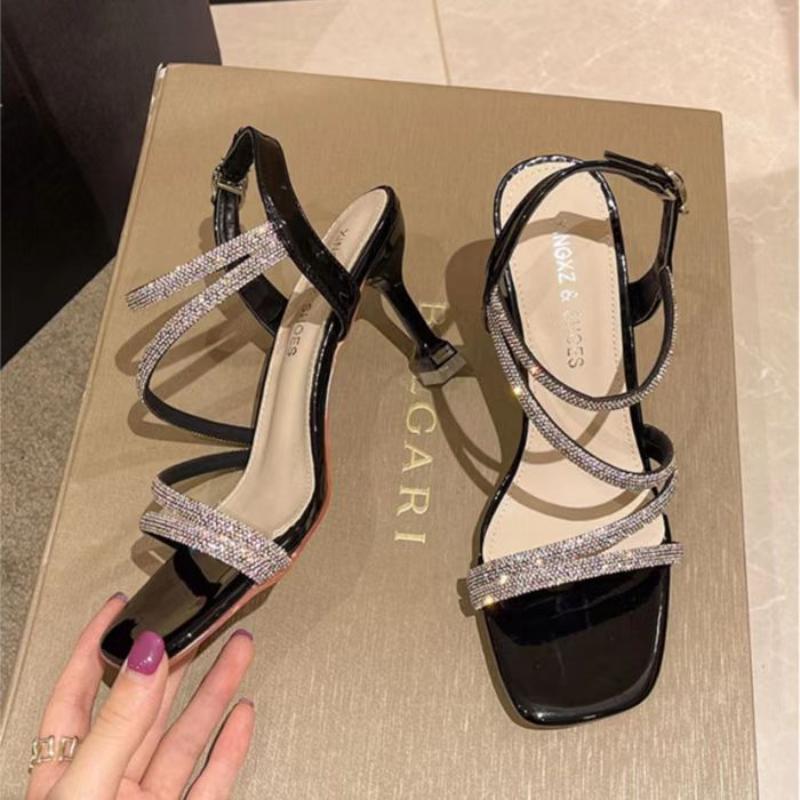 Mode 2025 Französische Strass-Sandalen Mode Feiner Absatz Schnalle Dünne Hohe Sandalen Damen Sommer Neu Feenstil Absatzschuhe