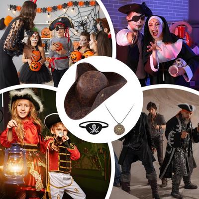 Brown Faux Leather Pirate Hat Tricorn Pirate Hat Novelty Leather Pirate Hat for Men Women Halloween Costume Accessories Cosplay