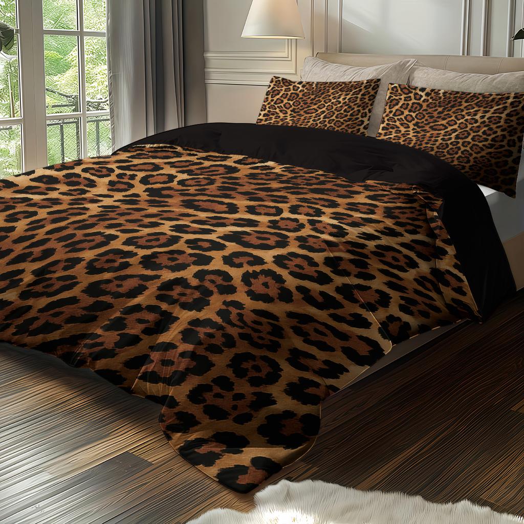 3Pcs Brown Leopard Print Pattern Duvet Cover Set, 1 Duvet Cover+2 Pillowcases, Coreless, Soft And Comfortable Bedding Set