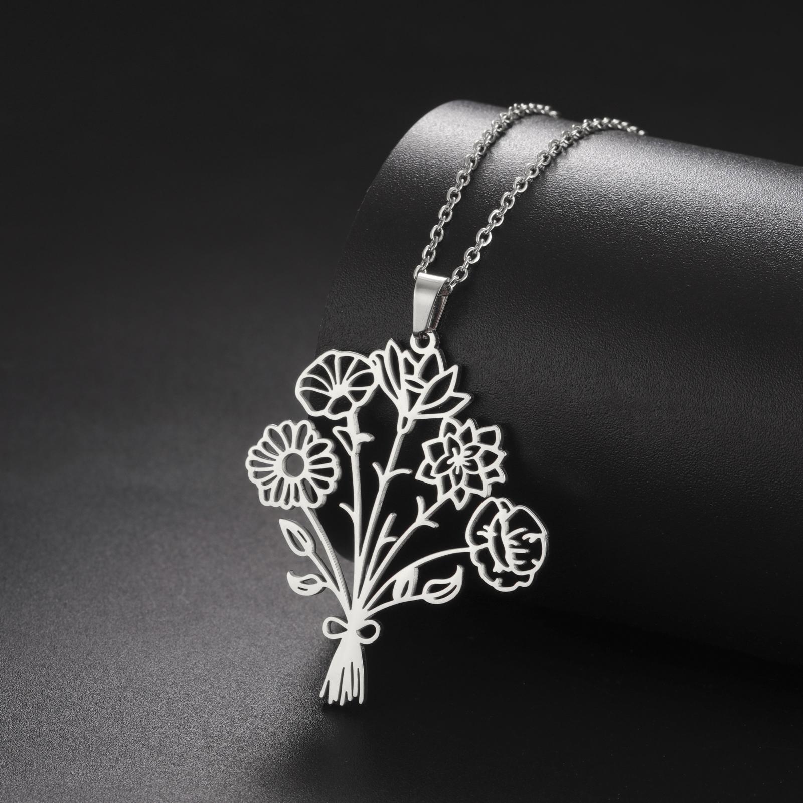 

Custom Birth Month Flower Necklace Women Personalized Birthday Gift 1-5 Bouquet Pendant Trend Stainless Steel Christmas Jewelry 45cm