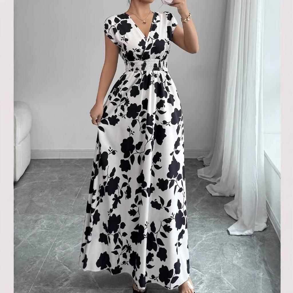 2026 European and American women's clothing explosive summer new short-sleeved lace-up printed v-neck dress