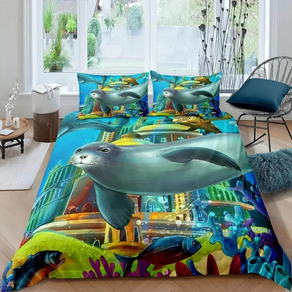Seal Duvet Cover King Size Lovely Swimming Seal Bedding Set Cute Ocean Exotic Style 2/3Pcs Marine Life Polyester Comforter Cover