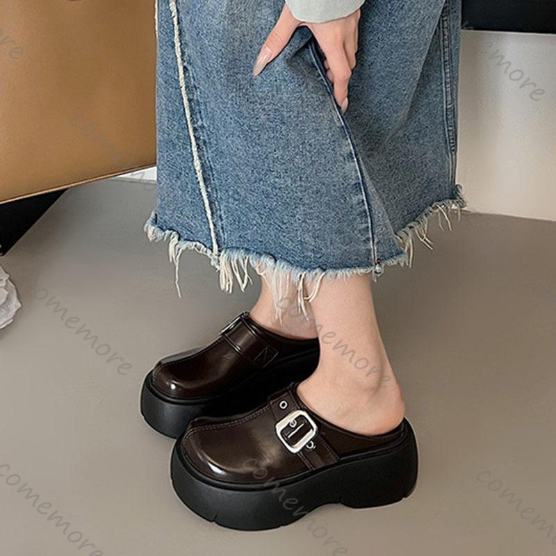 Comemore Summer New Round Head Half Slippers Heightening Thick Bottom Shoes Women Casual Outside Wear Platform Mules Slipper