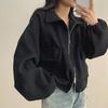 Korean chic autumn and winter French age reduction lazy loose double pocket zipper lapel drawstring waist short coat women