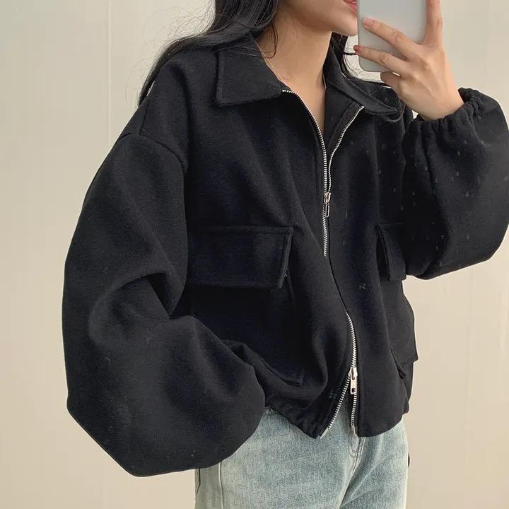 Korean chic autumn and winter French age reduction lazy loose double pocket zipper lapel drawstring waist short coat women