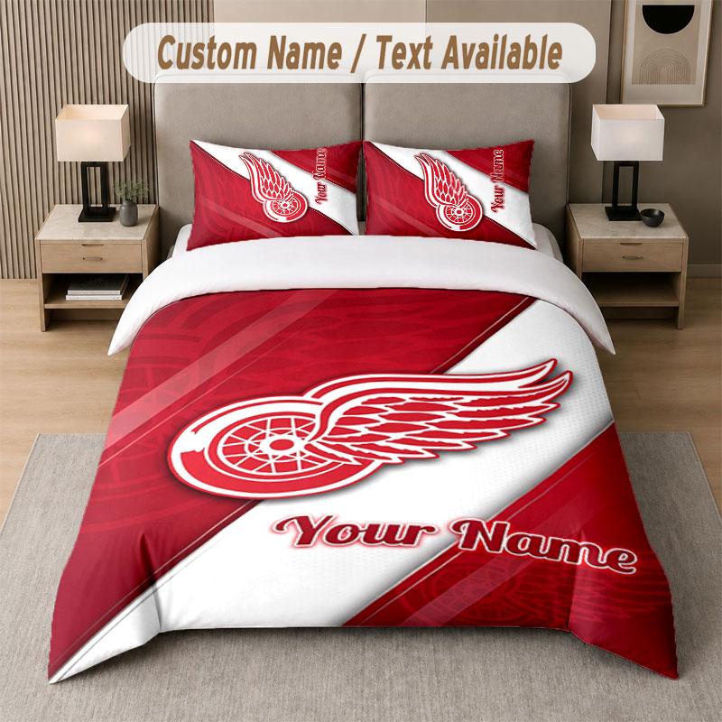 Custom Bedding Set Detroit Red Wings Pattern, Print Name Text 1 Duvet Cover Plus 2 Pillowcases Home Textile