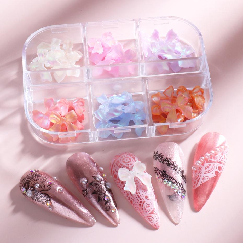 6 Grids 3D Cute Bow Nail Charms Holographic DIY Resin Aurora Decoration Valentine Nail Design Manicure Jewelry Accessories