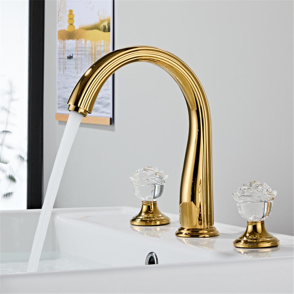 

Gold Red Rose Basin Faucet Widespread Sink Tap Brass Faucet Bathroom Sink Faucet 3 Hole Crystal Handle Hot And Cold Water Tap