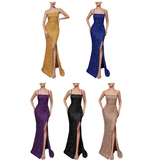 Women's Sparkly Sequin Long Formal Dress Square Neck Backless Split Mermaid Prom Dress Spaghetti Strap Evening Party Gown