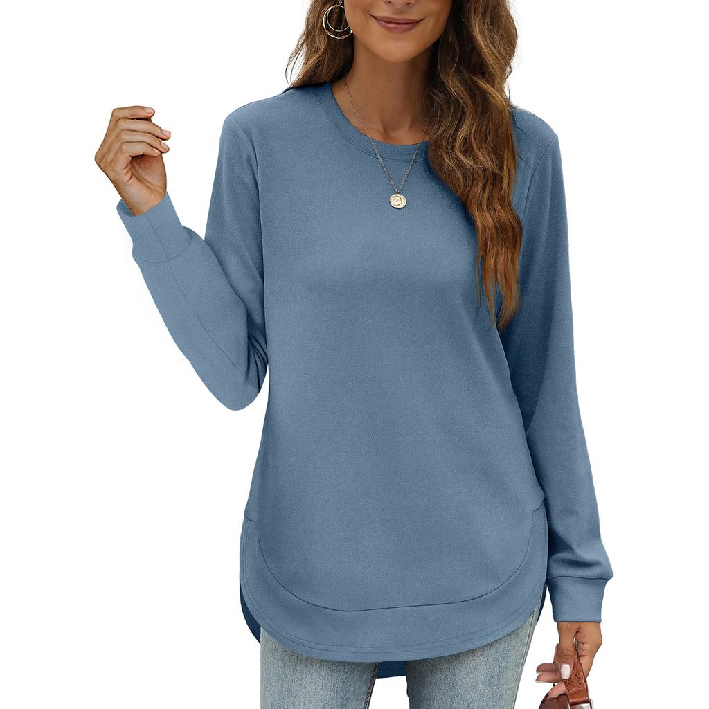 Women's Casual Fashion Round Neck Loose T-Shirt Solid Colour Long Sleeve Top