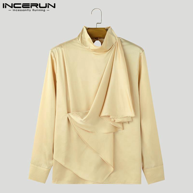 INCERUN Men Mockneck Long Sleeve Layers Irregular Ruffled Satin Shirts