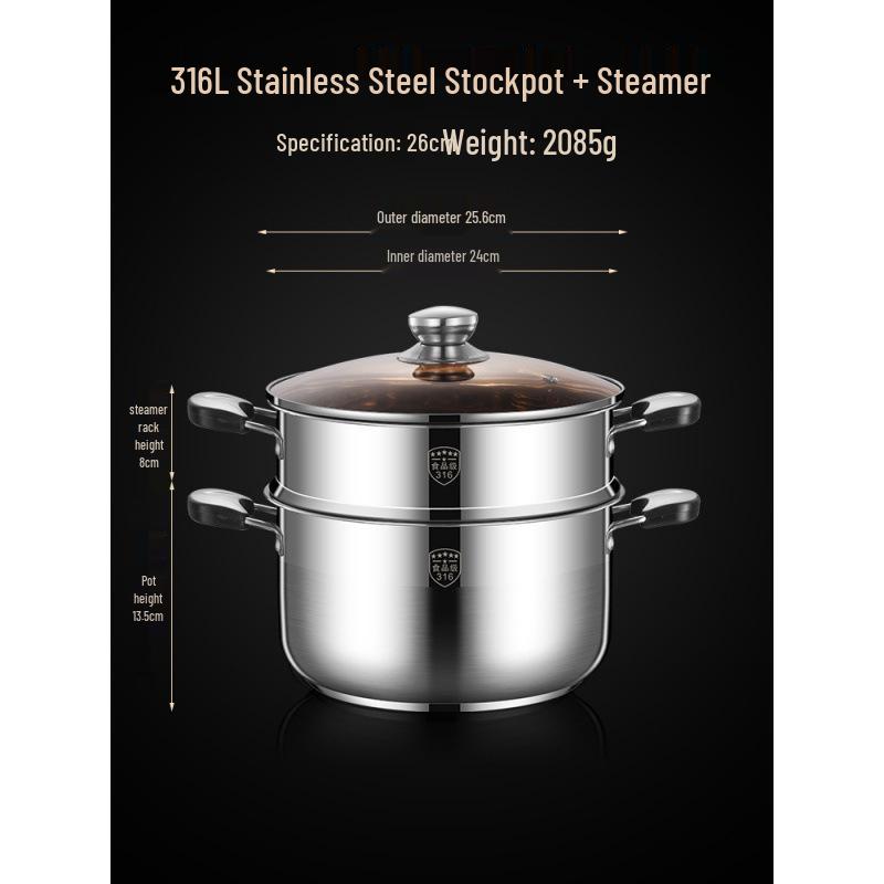 2025 Three-Layer 316 Stainless Steel Steamer & Soup Pot for Induction & Gas Stoves