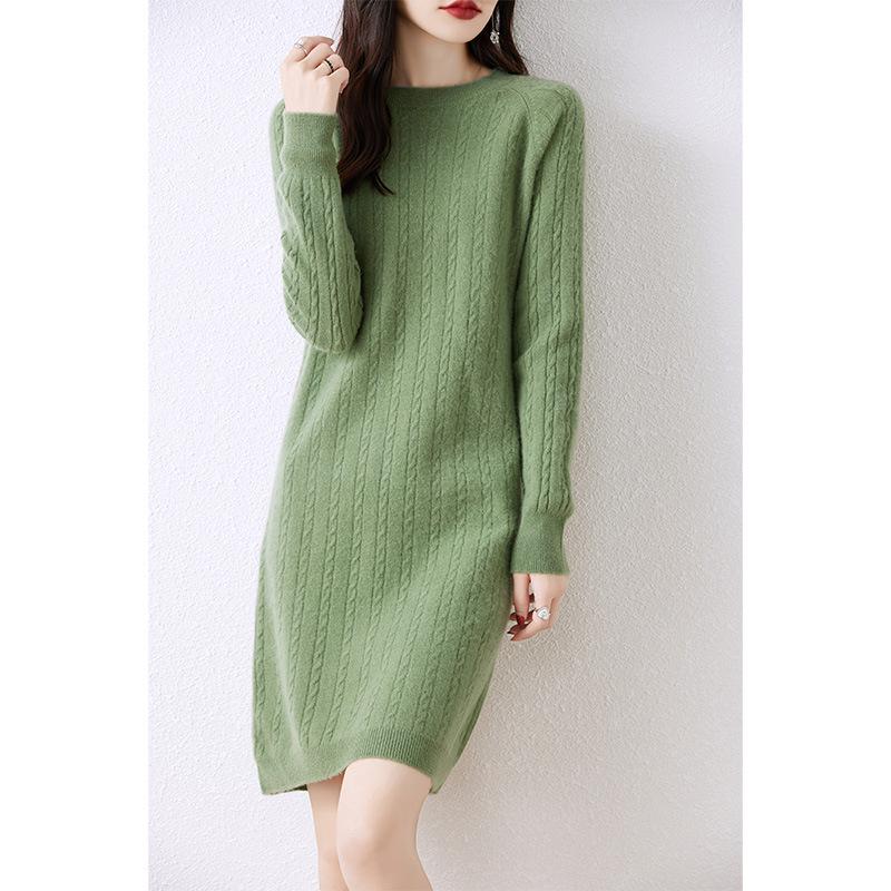 2023 Women's Mid-Length Merino Wool Sweater Dress - Round Neck, Long Sleeve Knitwear for Autumn and Winter