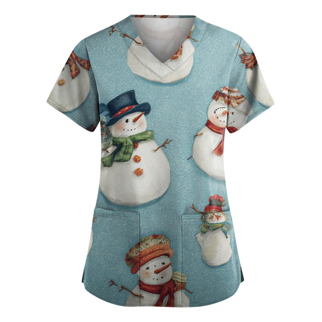 Dammode V-ringad Kortärmad Arbetskläder Med Fickor Jultryck Topp Vårdgivare Uniform