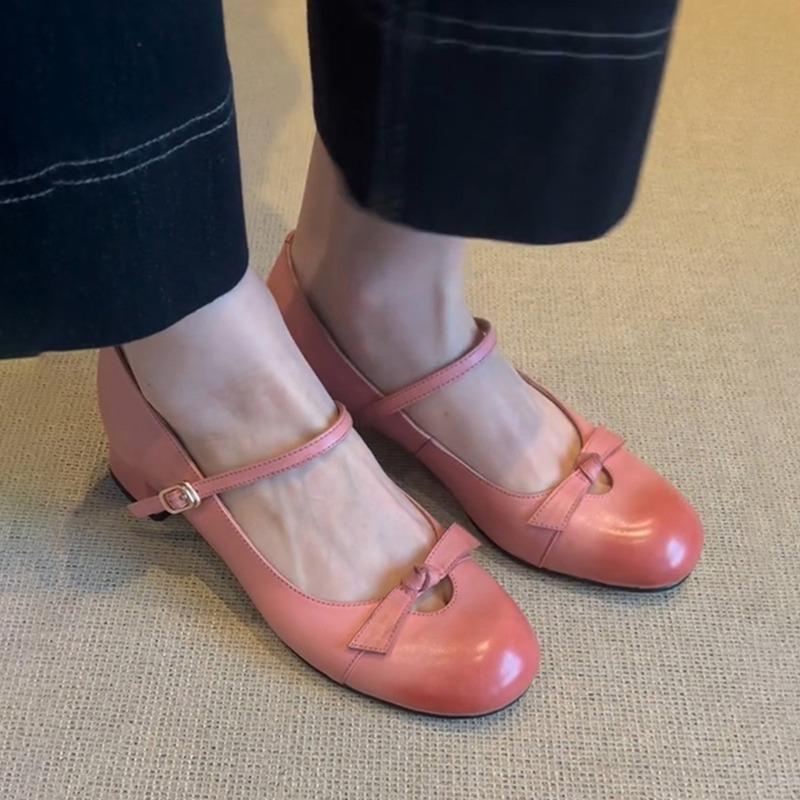 Sheepskin gentle temperament bow Mary Jane shoes women's word shallow mouth high heels leather versatile single shoes