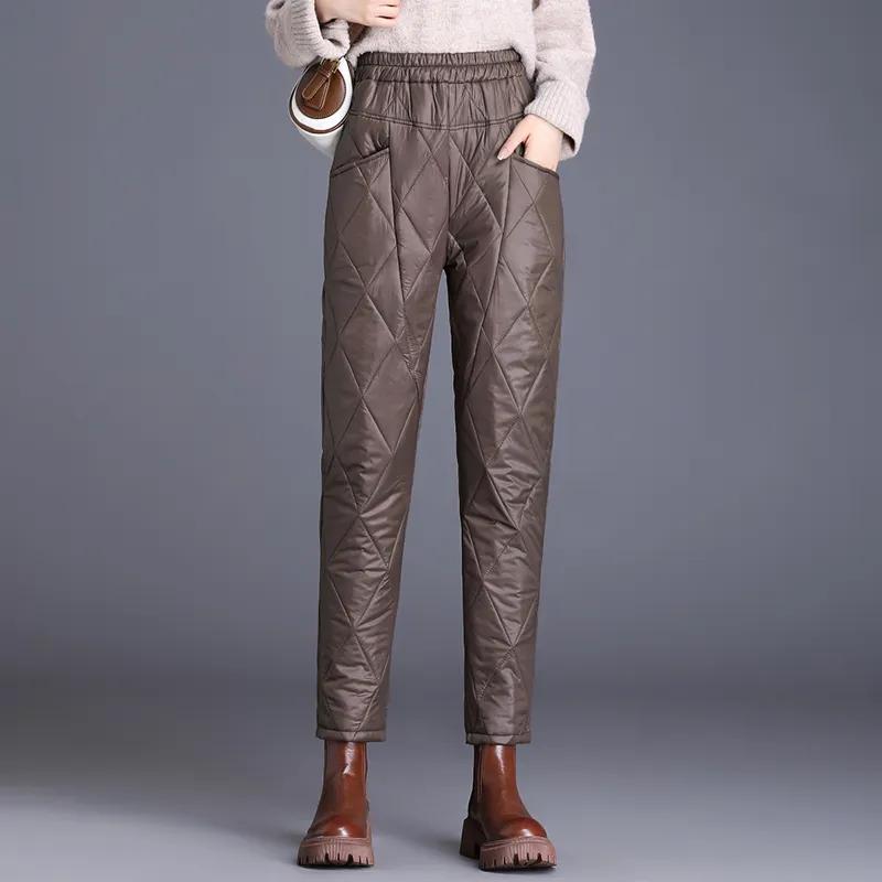Women's Winter Lightweight Thermal Design Diamond-Patterned Pants Solid Color Straight-Leg Casual Harem Pants