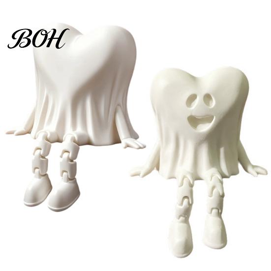 Desktop Halloween Decorations 3D Printed Heart-Shaped Ghost Figurine with Movable Joints, Sitting Dangling Leg Home Decor Statue, Matte White