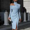 Women’s Asymmetric One Shoulder Long Sleeve Bodycon Midi Dress with High Neck and Front Slit for Formal Occasions