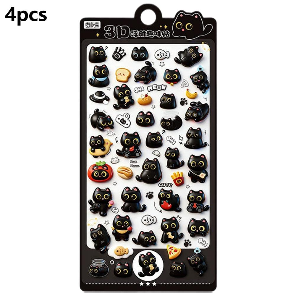 4pcs 3D Cute Cartoon Puffy Stickers Black Cat & Funny Expressions Relief Stickers For Scrapbooking, Journals and Craft Stickers