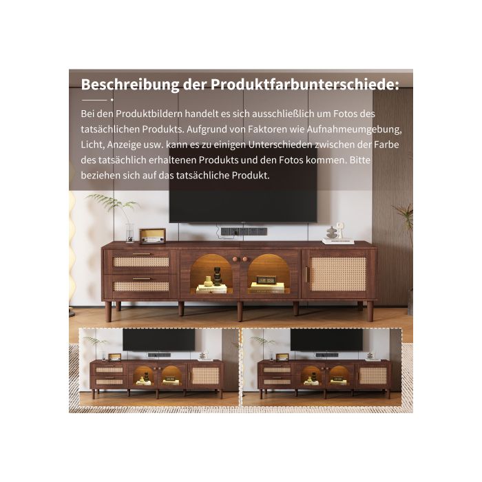 Meuble TV - MUVOE - 180 Cm - 2 Tiroirs En Rotin - 2 Portes En Verre Incurvées - Bois Marron