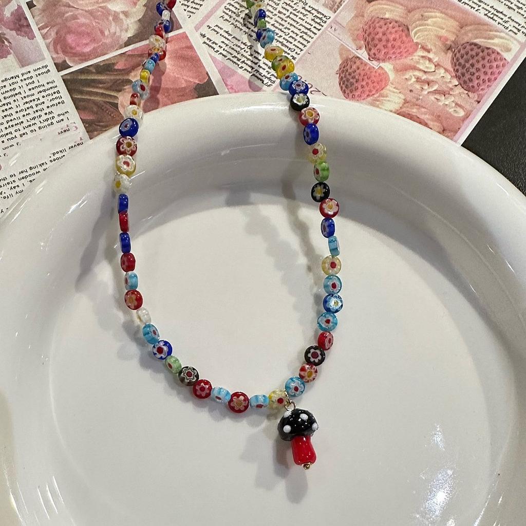 Handcraft Retro Styles Necklace With Vibranting Glass Beads and Unique Mushroom Charm for Fashion Enthusiasts Daily Use