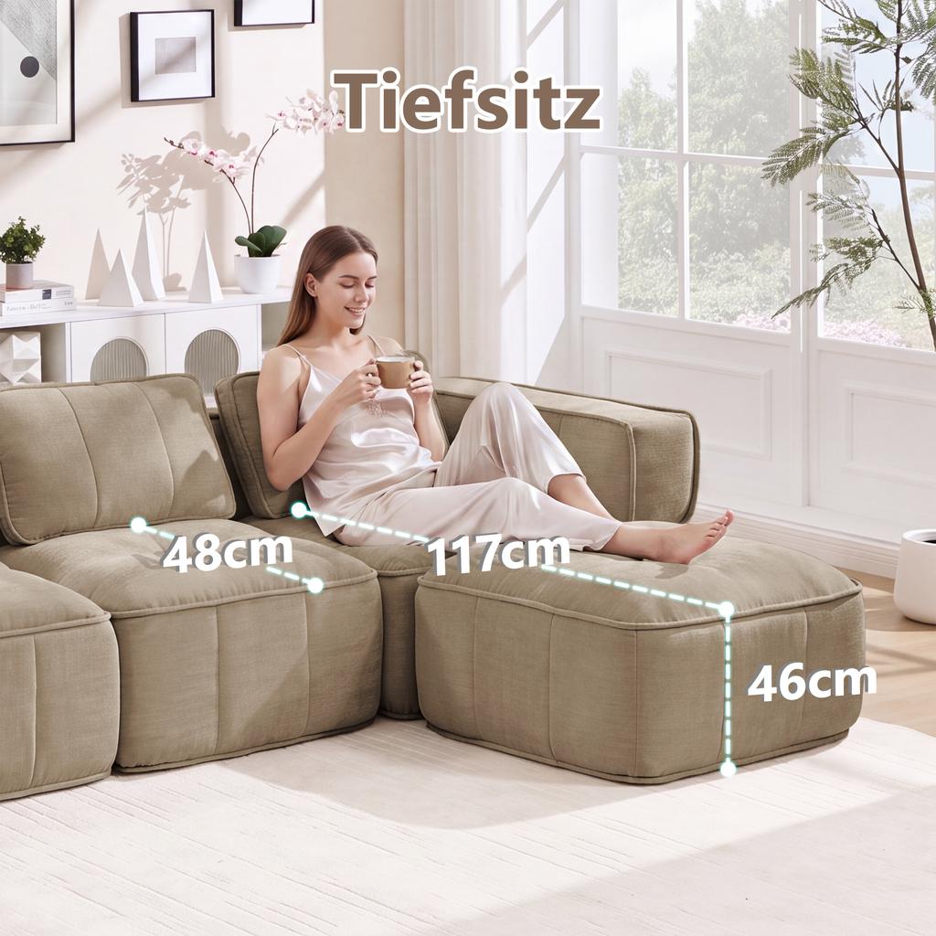 Modular Two-Seater Sofa with Two Stools, Without Struts, 32D High-Density Foam, Deep Seat, Soft Fabric, Ideal for Living Room and Apartment, Sand.