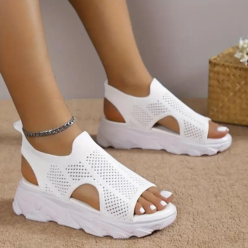 Women's Platform Knit Sandals Breathable Peep Toe Hollow Out Slip On Shoes Casual Outdoor Slingback Sandals