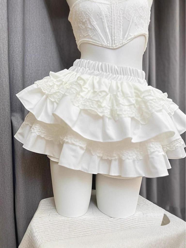 2025 Weißer High-Waist-Rock im Spitzen-Look für Petite-Figuren mit Sweetheart-Puffstil und Anti-Expositions-Schicht