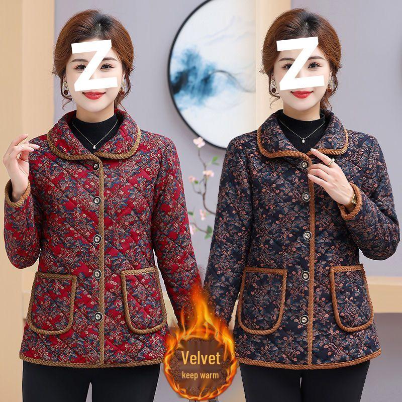 Women's Winter Floral Fleece-Lined Jacket - Thick Cotton Coat for Middle-Aged and Elderly, Long-Sleeved Cold Protection.