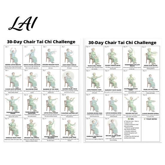 Tai Chi for Beginners 2Pcs Chair Workout Posters Seated Exercises Chart 30-Day A